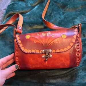 Handcrafted genuine Leather Shoulder or crossbody Bag - with floral detail
